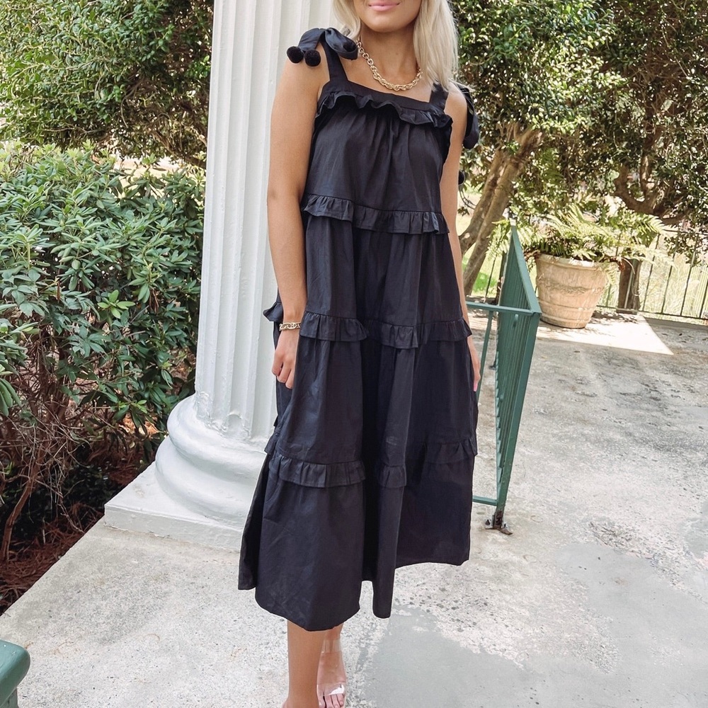 Red Dress TCEC Darling Black Tiered Ruffle Pom Pom Tie Strap Midi Dress New